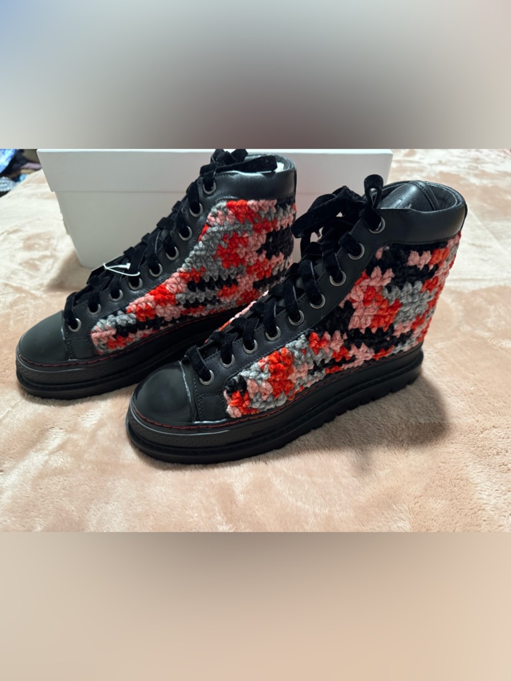 NEW IN BOX Krojay Crochet Boots, Red/Black, Size 8